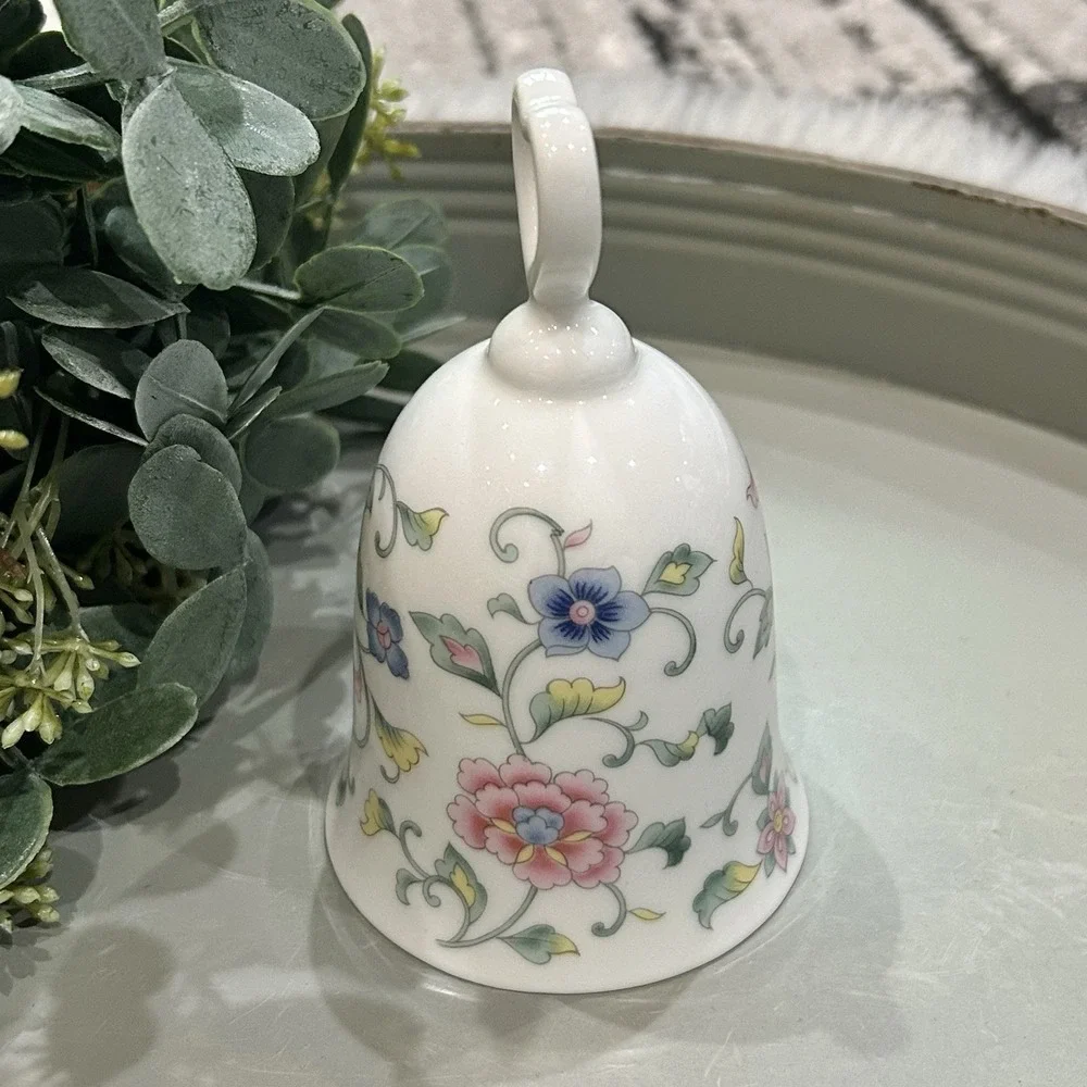 Vintage HTF Porcelain Bell With Floral Design And Heart Handle Beautiful Chime